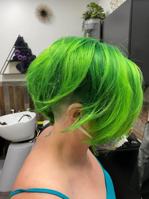 Hair Extensions photo, Denver Colorado. Multiple shades of green neon, green medium green light gree(..)